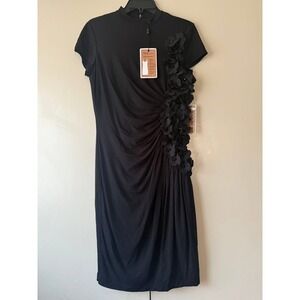 NUE by Shani Black Ruched Bodycon Dress Floral Embellishment Mock Neck party